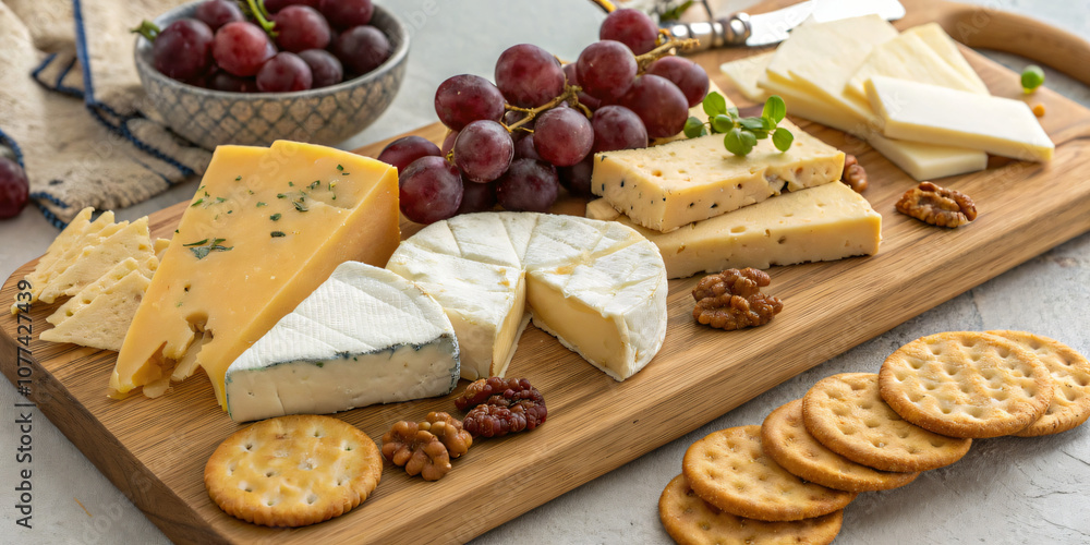 A variety of cheeses including cheddar, brie, gouda, and blue cheese on a wooden board A variety of cheeses including cheddar, brie, gouda, and blue cheese on a wooden board