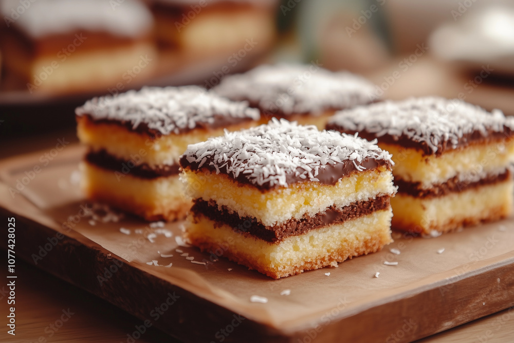 Slices of layered cake with chocolate and coconut topping Slices of layered cake with chocolate and coconut topping