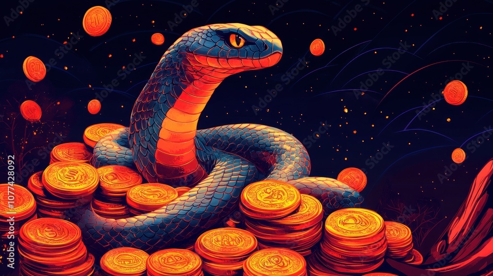 A black snake with glowing red eyes rests on a pile of gold coins against a dark starry background. A black snake with glowing red eyes rests on a pile of gold coins against a dark starry background.