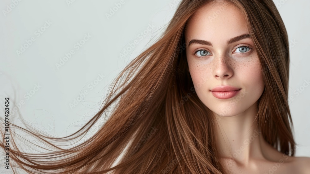 Close-up portrait of a young woman with bright blue eyes, light freckles, and long, flowing brown hair. Her soft pink lips and radiant, natural complexion are accentuated by gentle lighting Close-up portrait of a young woman with bright blue eyes, light freckles, and long, flowing brown hair. Her soft pink lips and radiant, natural complexion are accentuated by gentle lighting