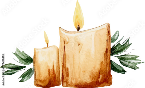 Burning Candle Decoration Watercolor Illustration