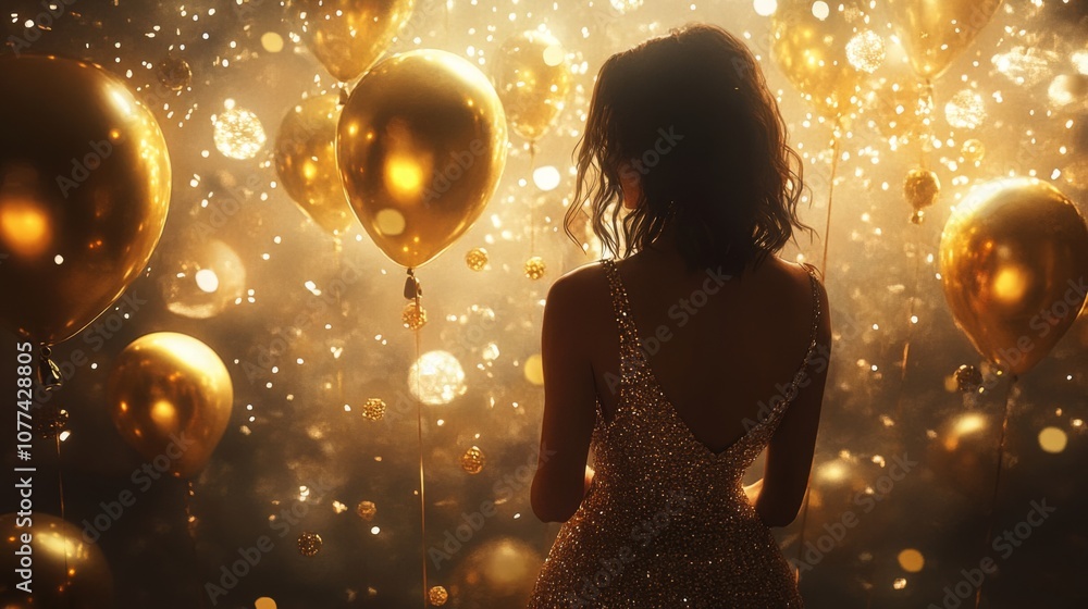 A woman in an elegant, shimmering outfit stands in a celebration filled with golden balloons. The atmosphere is festive, illuminated by a soft glow, creating a magical ambiance. A woman in an elegant, shimmering outfit stands in a celebration filled with golden balloons. The atmosphere is festive, illuminated by a soft glow, creating a magical ambiance.