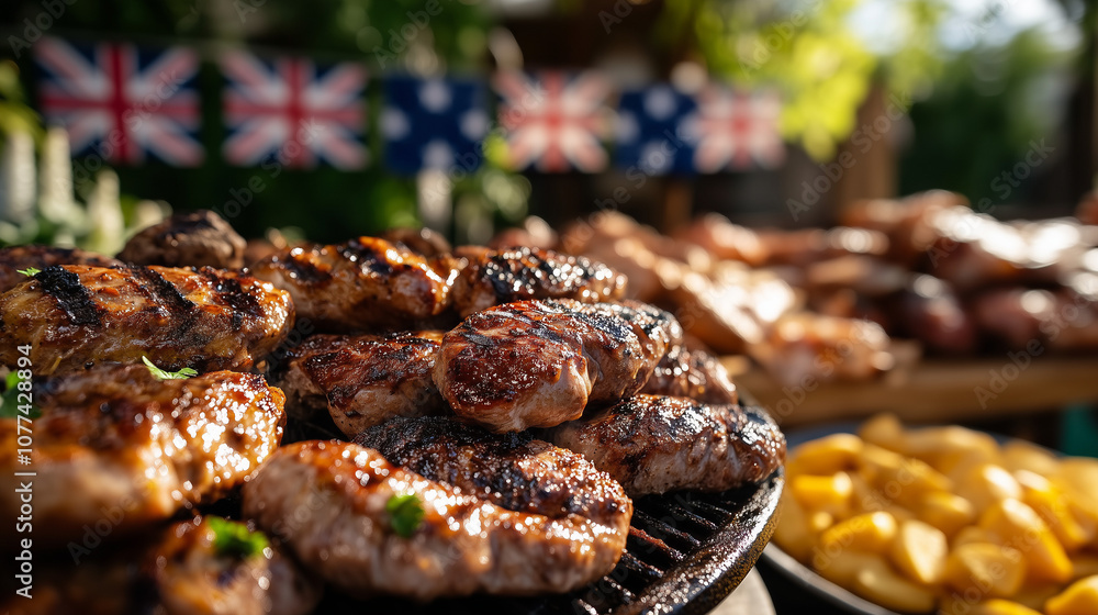 Grilled meat and vegetables at an outdoor barbecue with British and Australian flags in the background, creating a festive atmosphere Grilled meat and vegetables at an outdoor barbecue with British and Australian flags in the background, creating a festive atmosphere