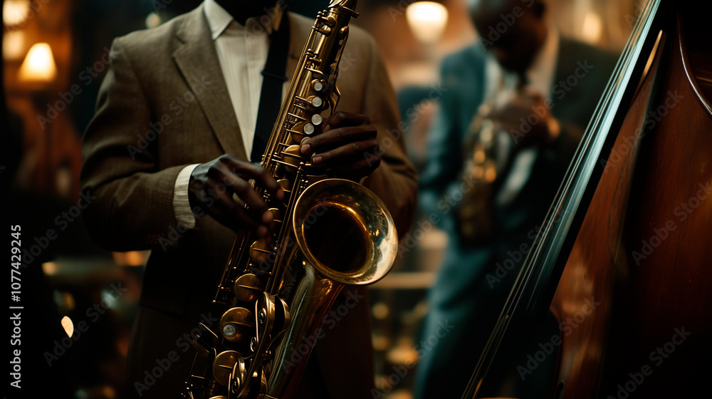 Obraz premium Jazz musicians playing saxophone and double bass in a dimly lit club, capturing the atmosphere of live jazz music