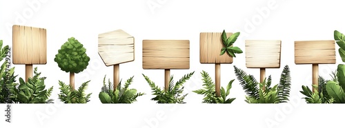 Collection of wooden signboards surrounded by green leaves, white isolate background. photo