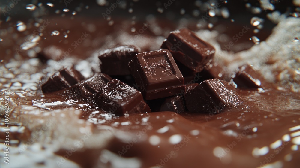 Close-up of chocolate squares splashing into melted chocolate. Close-up of chocolate squares splashing into melted chocolate.