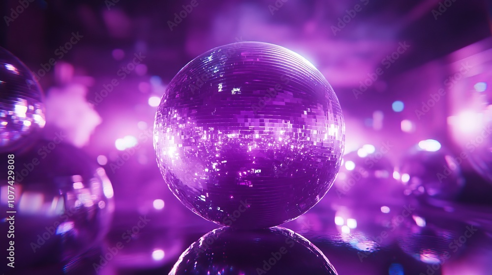 Disco mirror ball reflecting vibrant purple lights. Disco mirror ball reflecting vibrant purple lights.