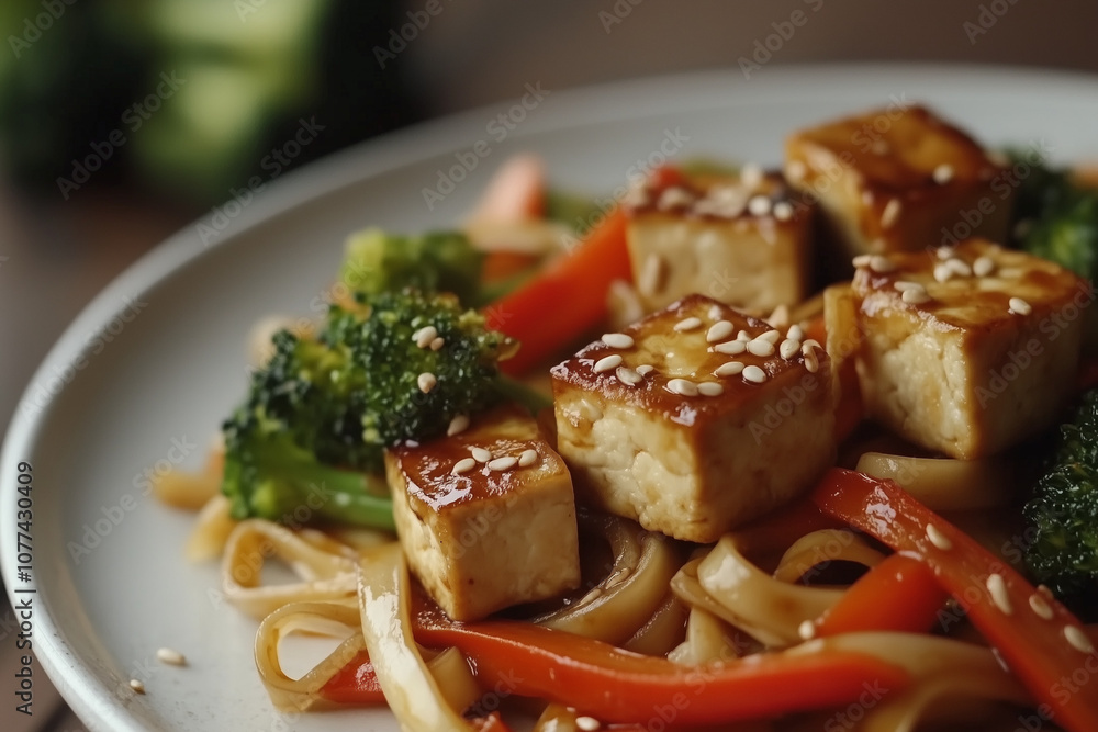 Tofu stir-fry with noodles, broccoli, and bell peppers topped with sesame seeds, served on a plate for a healthy vegan meal Tofu stir-fry with noodles, broccoli, and bell peppers topped with sesame seeds, served on a plate for a healthy vegan meal