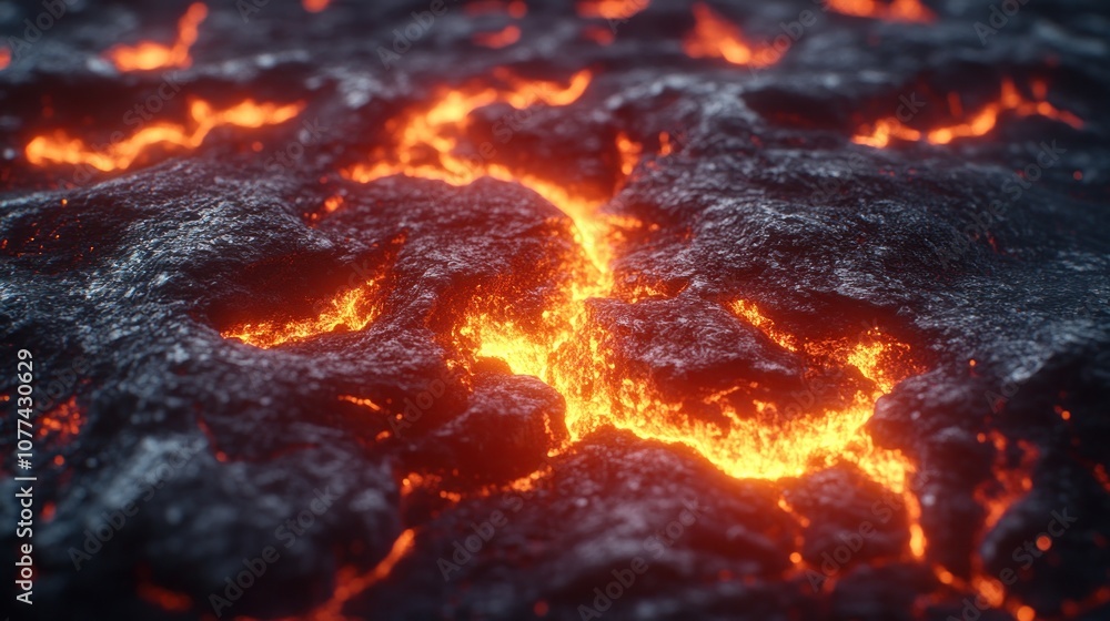 Close-up of glowing lava flowing through a crack in the earth. Close-up of glowing lava flowing through a crack in the earth.