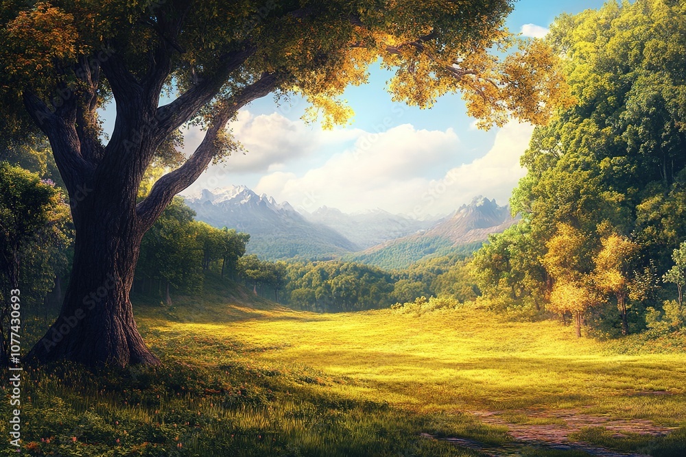 Sunlit forest meadow leading to distant mountains Sunlit forest meadow leading to distant mountains