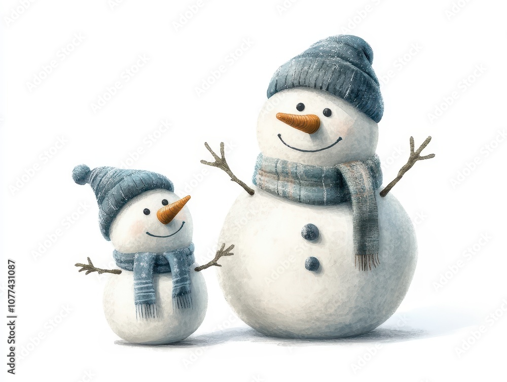 Smiling snowman and child snowman in winter attire on white background. Smiling snowman and child snowman in winter attire on white background.