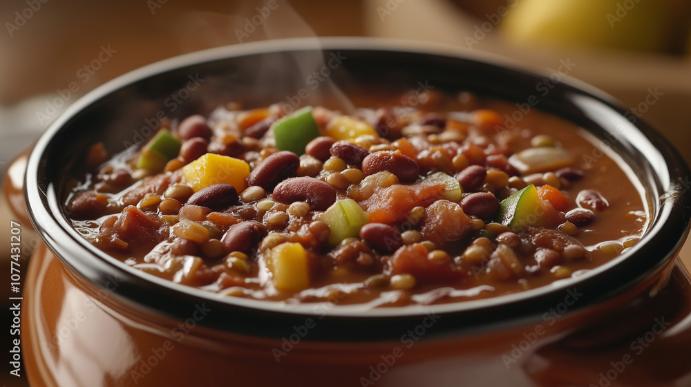 Steaming Vegetable and Bean Chili in Rustic Pot Steaming Vegetable and Bean Chili in Rustic Pot