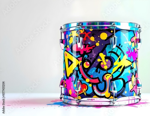 Vibrant Graffiti Drum Close-Up with Bold Neon Spray Paint and Urban Street Art on White Background photo