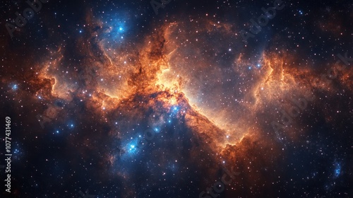 A vibrant nebula in space, filled with swirling gas and dust, illuminated by bright stars, showcasing the beauty of the cosmos.