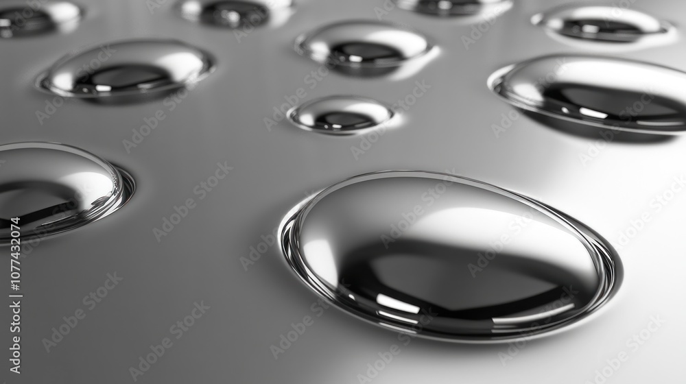 Close-up of shiny, metallic drops of liquid on a silver surface. Close-up of shiny, metallic drops of liquid on a silver surface.