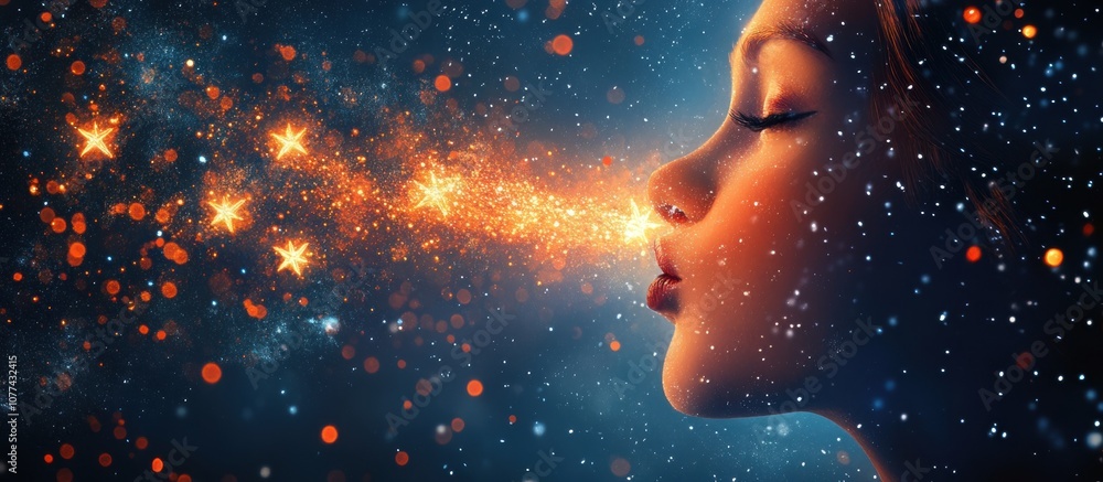 Girl blowing sparkling stars in a magical night sky Girl blowing sparkling stars in a magical night sky