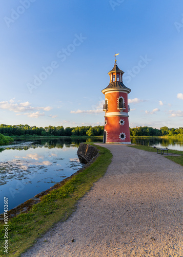 Lighthouse on the lake near Moritzburg Castle in Saxony, Germany