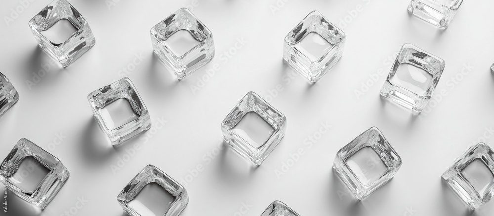 Ice cubes pattern on white background creating refreshing visual Ice cubes pattern on white background creating refreshing visual