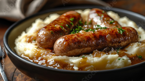 Sausages and mashed potatoes with gravy and herbs.