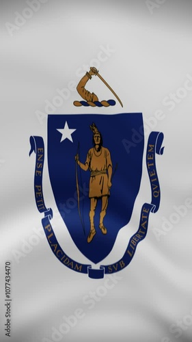 Massachusetts State Waving Flag in Vertical Orientation. Realistic Flag Animation. Seamless Loop Background.