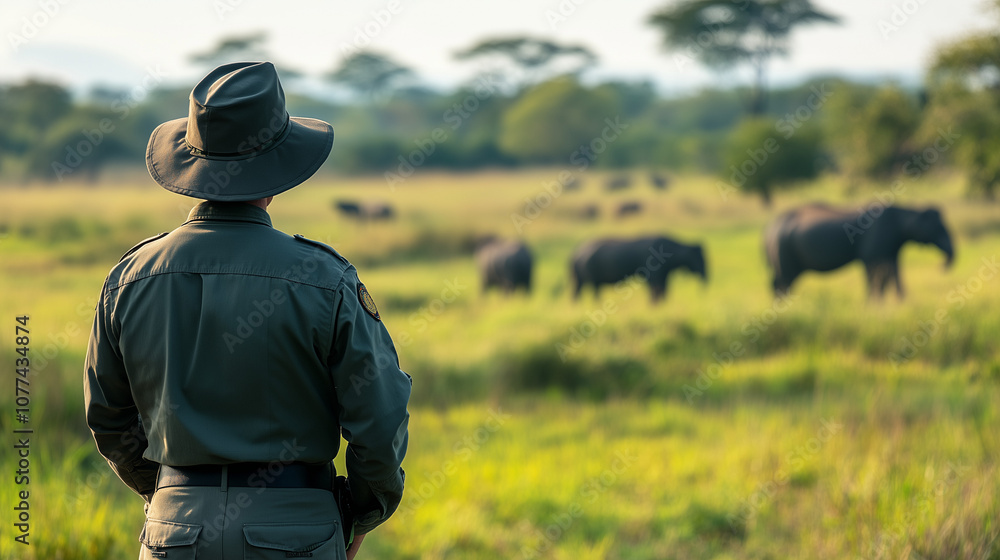 Ranger observing a herd of elephants in a grassy savanna landscape under a clear sky Ranger observing a herd of elephants in a grassy savanna landscape under a clear sky