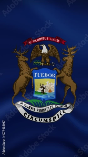 Michigan State Waving Flag in Vertical Orientation. Realistic Flag Animation. Seamless Loop Background.