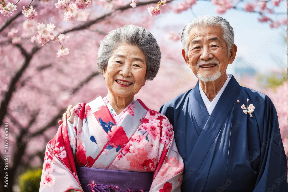 Elderly Japanese couple in traditional attire, smiling warmly with cherry blossoms in the background, capturing a serene and timeless moment. Generative AI Elderly Japanese couple in traditional attire, smiling warmly with cherry blossoms in the background, capturing a serene and timeless moment. Generative AI