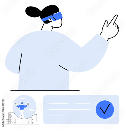 Woman using VR headset while pointing, includes cityscape and approved checkmark. Ideal for technology promotion, virtual reality, AR experience, innovation, future tech, digital interaction