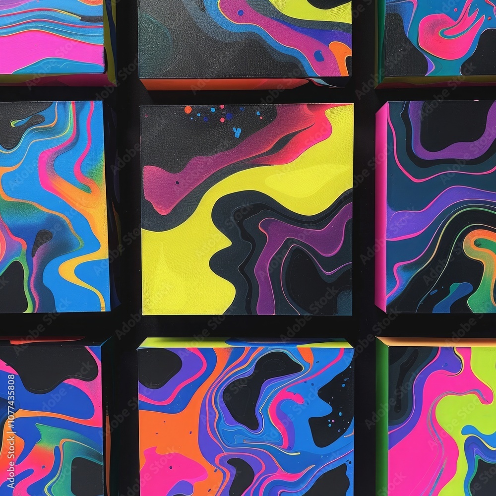 Obraz premium Abstract colorful geometric arrangement of fluid art panels with neon marbled patterns on black background. Modern digital art with bold and vibrant colors. Generative AI