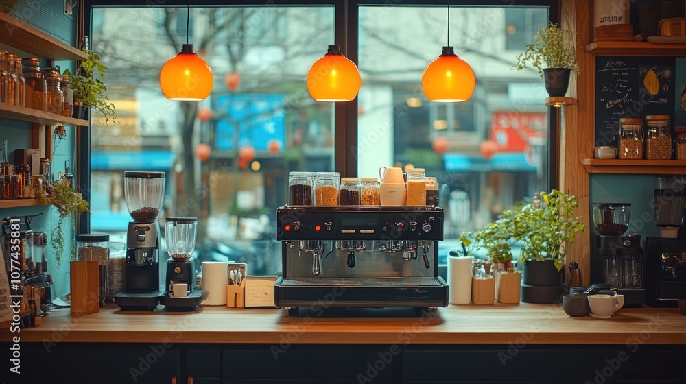 Coffee machine on counter in cafe with three orange lights and a window with a city scene. Coffee machine on counter in cafe with three orange lights and a window with a city scene.