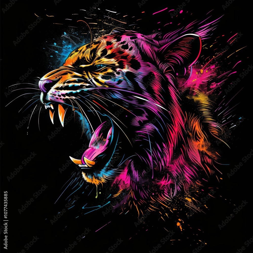 Obraz premium Colorful roaring leopard portrait with neon abstract paint splashes on black background. Digital art featuring vibrant colors and expressive brushstrokes. Generative AI