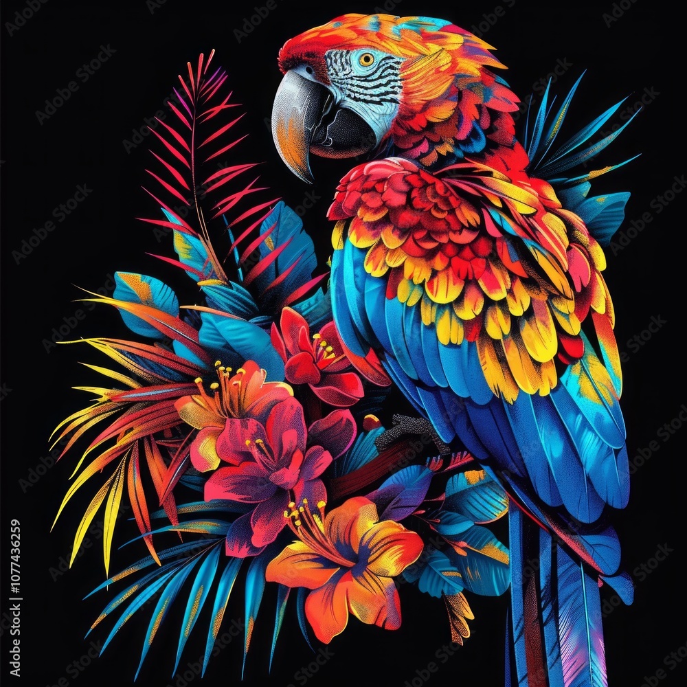 Obraz premium Colorful parrot with vibrant tropical flowers and leaves on black background. Digital art featuring neon feathers and exotic botanical elements. Generative AI