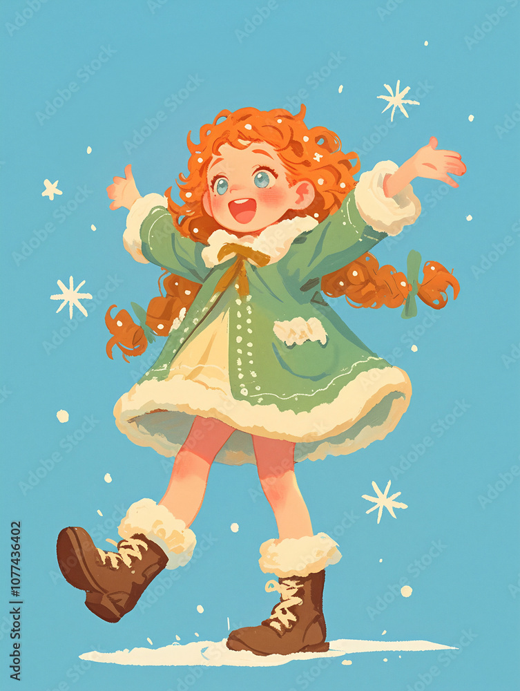 Girl in green winter coat dancing with snowflakes. Christmas and holiday concept. Illustration for greeting cards and winter print. Girl in green winter coat dancing with snowflakes. Christmas and holiday concept. Illustration for greeting cards and winter print.