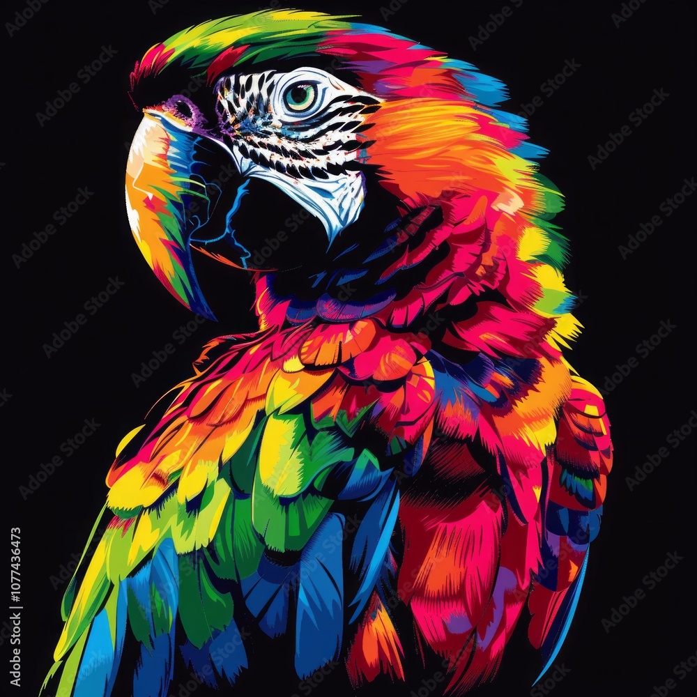 Obraz premium Colorful parrot portrait in neon tones on black background. Digital artwork featuring vibrant feather detail. Exotic bird illustration for modern wildlife design concept. Generative AI