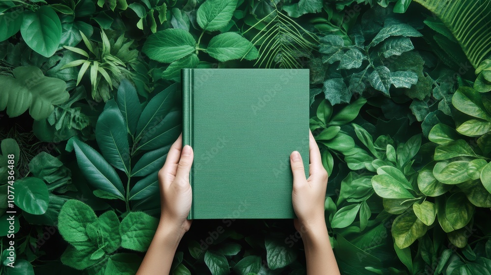 Eco-themed banner with hand holding closed book on green background. Template for designs on weather, nature, ecology, or biology. Blank cover, space for text. High-quality photo. Eco-themed banner with hand holding closed book on green background. Template for designs on weather, nature, ecology, or biology. Blank cover, space for text. High-quality photo.