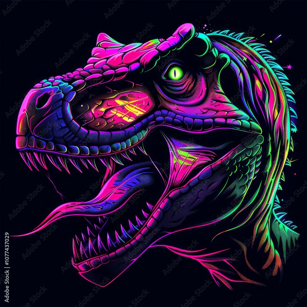 Neon-colored illustration of a dinosaur head with sharp teeth and detailed scales, glowing against a black background. Generative AI Neon-colored illustration of a dinosaur head with sharp teeth and detailed scales, glowing against a black background. Generative AI
