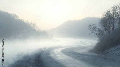 Headlights piercing through fog on a winding river road, tree shadows faintly stretching into the mist, copy space