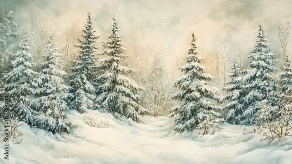 Fototapeta premium Festive winter scene with snow-laden evergreens and drifts. Season's greetings with space for text. Enchanting winter wonderland.