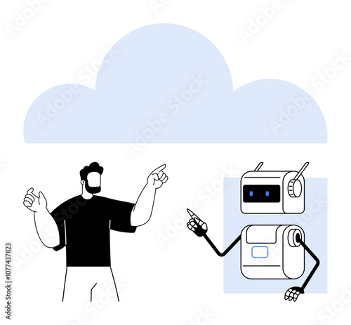 Cloud background with a man and robot pointing at each other, representing tech collaboration and AI communication. Ideal for themes technology, AI, teamwork, communication, innovation, partnership