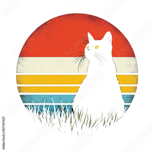 A silhouetted black cat sits in front of a retro-styled, multi-colored striped circle, photo