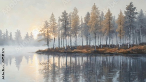 Misty Lake Surrounded by Trees
