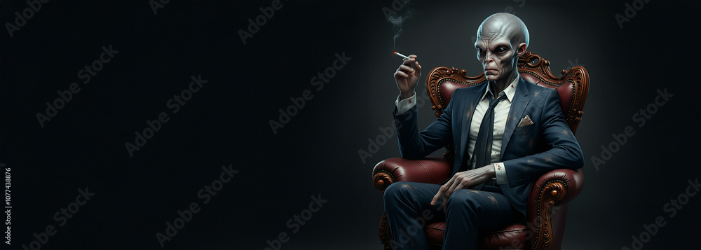 Alien Sitting in a Fancy Chair Smoking a Cigarette, Wearing a Suit and Tie, Dark Room with Intense Intimidating Glare, Martian Life Form Alien Sitting in a Fancy Chair Smoking a Cigarette, Wearing a Suit and Tie, Dark Room with Intense Intimidating Glare, Martian Life Form