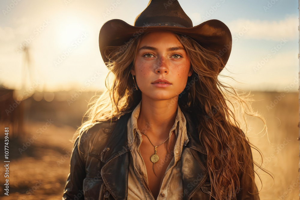 A young woman with a cowboy hat and freckles, wearing a rugged leather jacket, stands under warm sunset light, evoking the spirit of the western countryside. Generative AI A young woman with a cowboy hat and freckles, wearing a rugged leather jacket, stands under warm sunset light, evoking the spirit of the western countryside. Generative AI