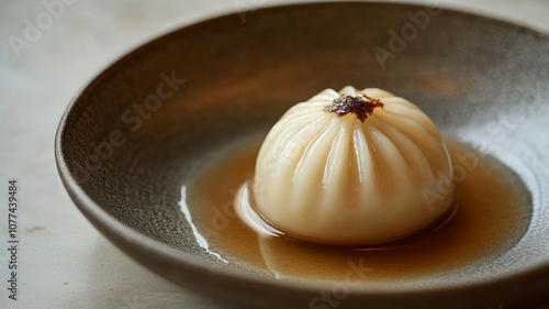 A single dumpling in a sauce-filled bowl. photo