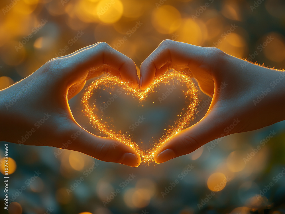 Hands forming a sparkling heart shape illuminated by warm light against a blurred, glowing background
