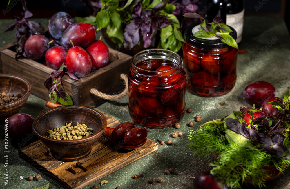 Pickled plums preserved in jars with aromatic herbs and spices Pickled plums preserved in jars with aromatic herbs and spices