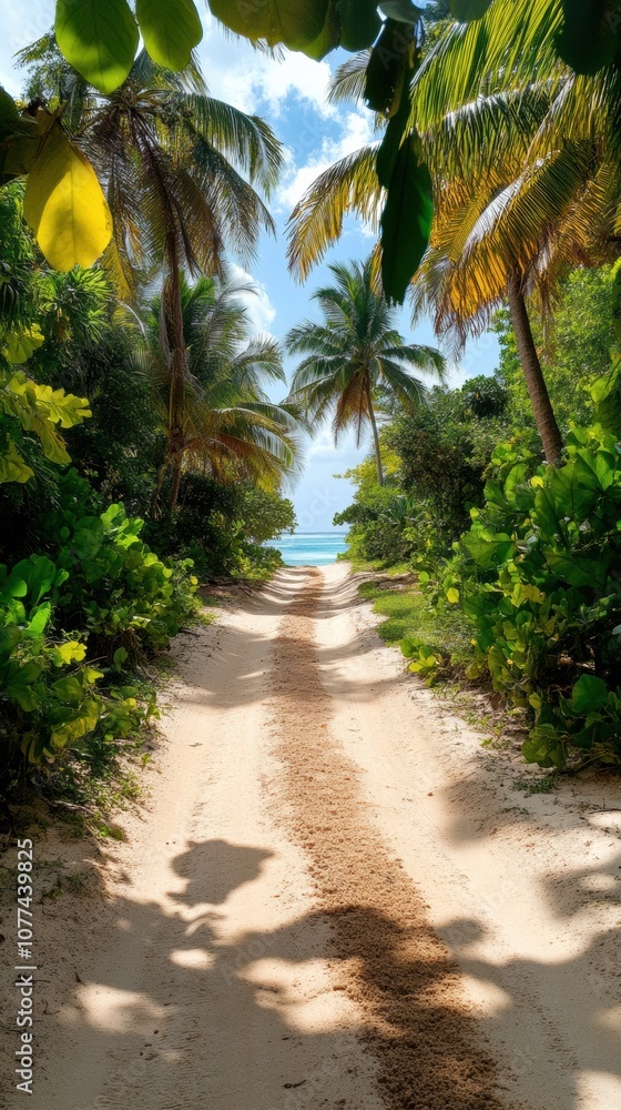 Pathway through lush tropical foliage leads to a serene beach under a bright blue sky, AI Pathway through lush tropical foliage leads to a serene beach under a bright blue sky, AI