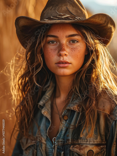 A young female cowboy with freckles and a rugged leather jacket stands under warm sunlight, wearing a straw hat that highlights her western spirit. Generative AI photo