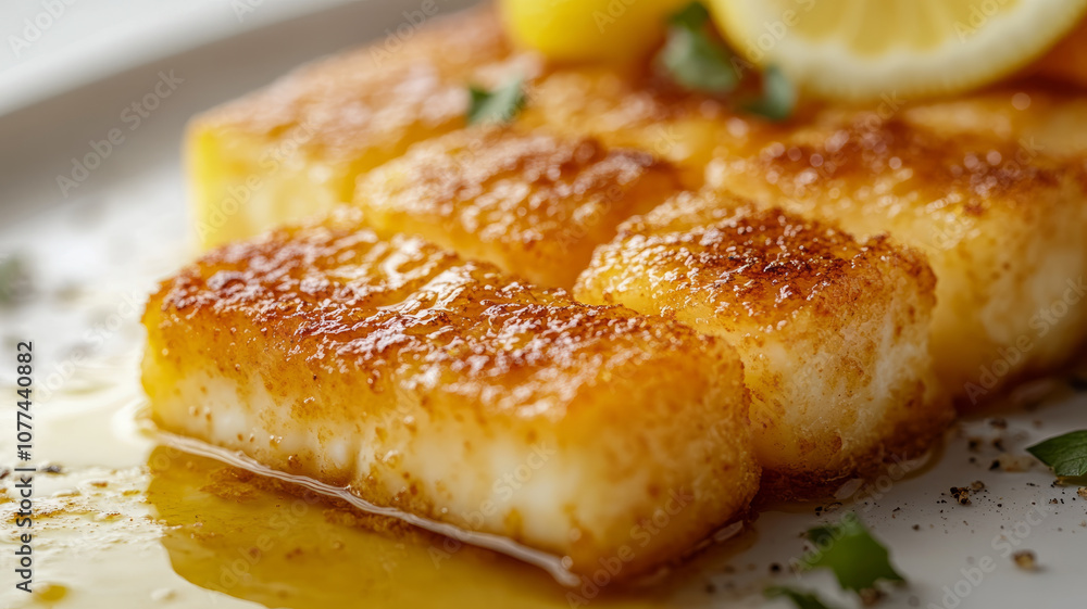 Fried cheese with lemon and herbs on a plate. Fried cheese with lemon and herbs on a plate.