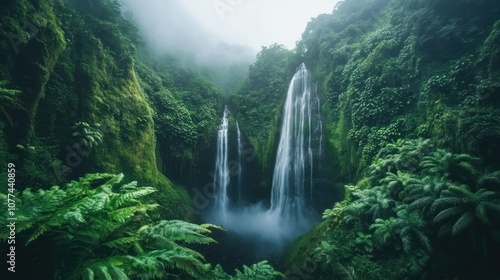 Lush Green Waterfall Amidst Foggy Rainforest